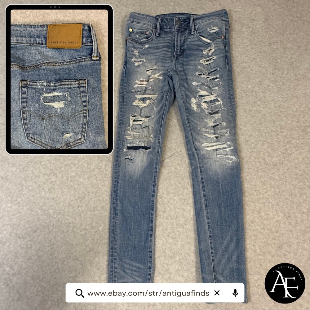 American Eagle Airflex+ Skinny Distressed Patchwork Jeans Mens 29x30 Medium Wash